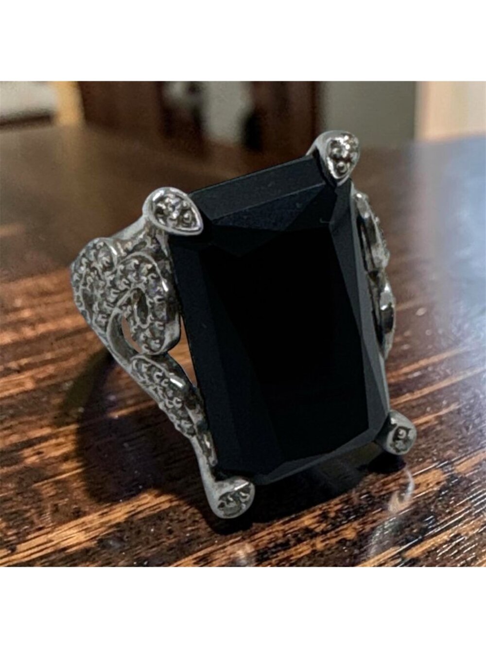 925 Sterling Silver Black Glass Statement Ring Sz 8 Pave CZ Cocktail Emerald Cut